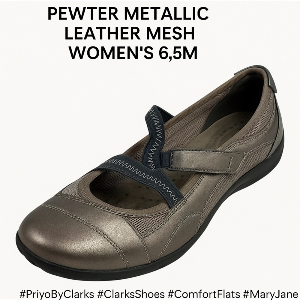 Privo by Clarks Mary Jane Flats – Pewter Metallic Leather Mesh – Women’s 6.5M
